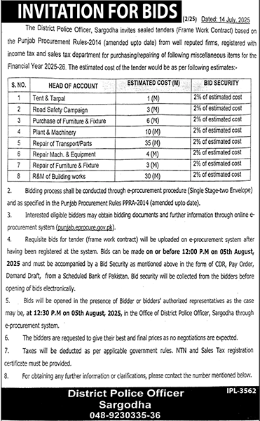 District Police Officer Sargodha Tender Notice